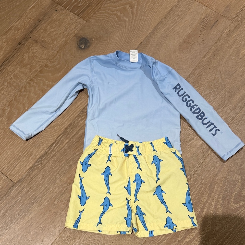 RuggedButts Light Blue Long-Sleeve Kids Rash Guard with Yellow Shark Swim Shorts